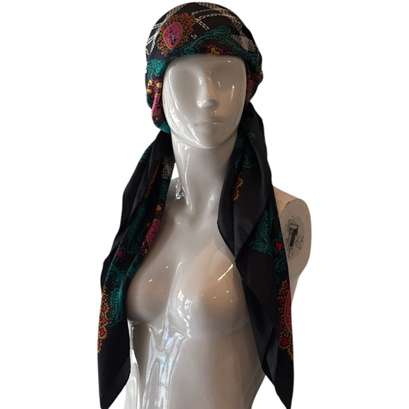 Diane Von Furstenberg Colorful Black Multi Paisley and Plaid Square Silk Scarf - Picture 14 of 15